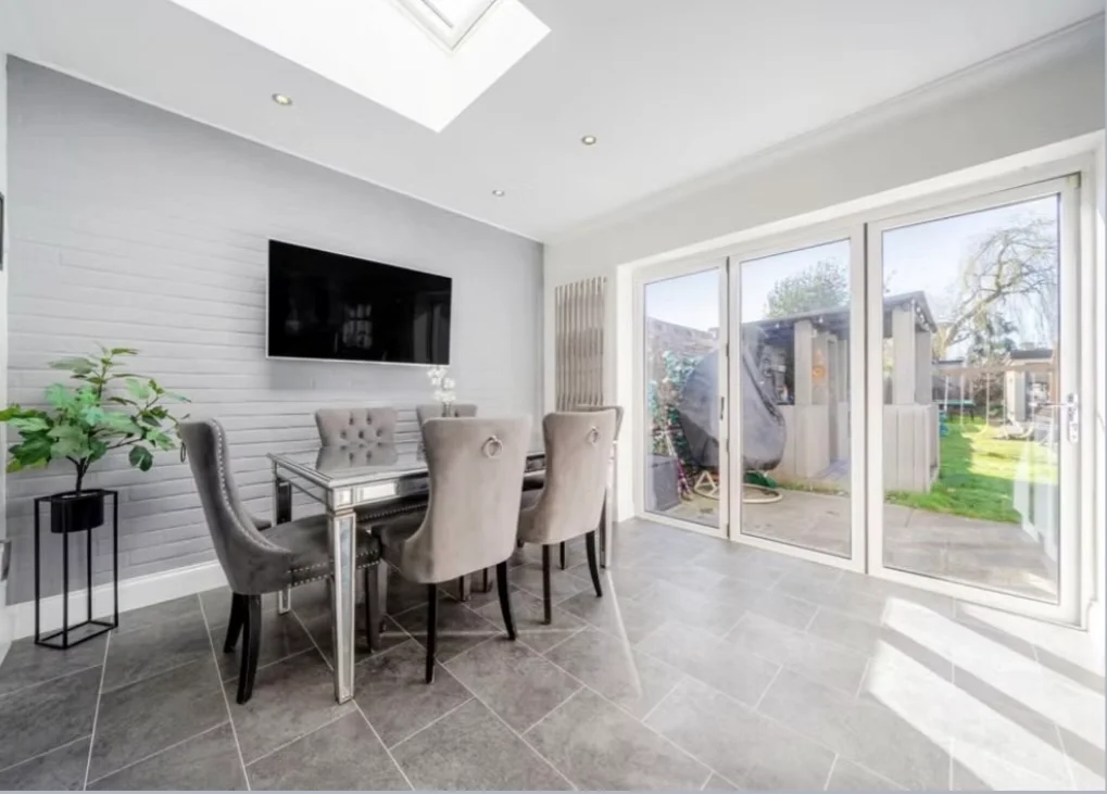 Dining room interior painting with light grey walls and ceiling in a Bromley home